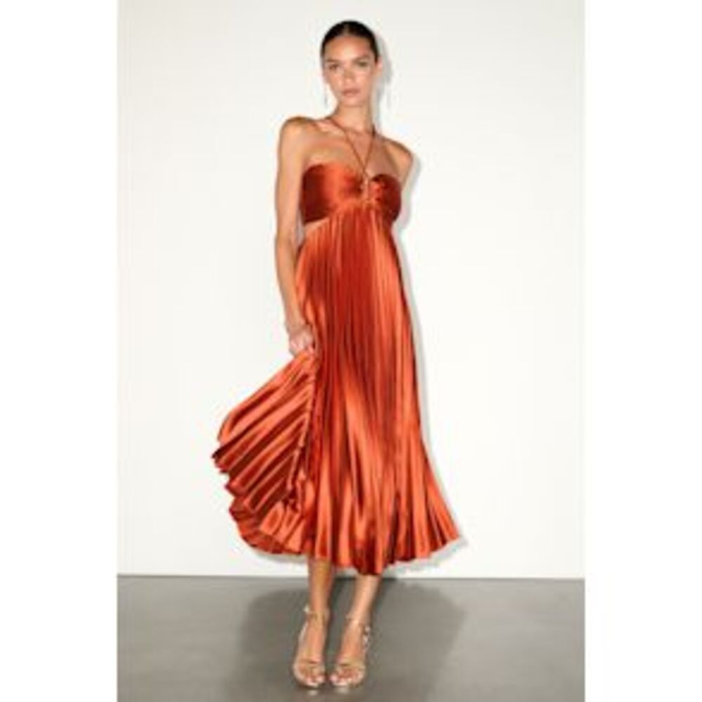 Strapless Pleated Satin Midi Dress in Burnt Orange